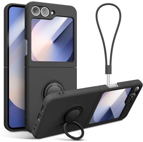abitku for Galaxy Z Flip 6 Case with Ring Stand, Liquid Silicone Slim Design Support Magnetic Car Mount (with Wrist Strap Lanyard) Phone Cover for Samsung Galaxy Z Flip 6, 6.7 inch (Black)