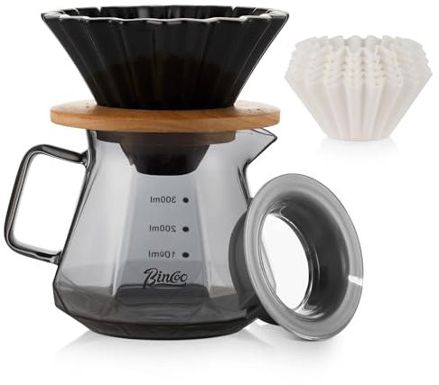 Bincoo 400ML Pour Over Coffee Maker Set with Filter Paper,Ceramic Coffee Dripper with Wood Stand Set for 1-2 Cups-Professional Coffee Brewing Tools for Pour Over & Drip Coffee for Home Office (Black)