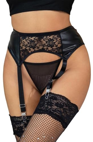 ohmydear Reggicalze Donna Sexy Reggicalze in Pelle e Rete Lingerie Sexydonna Hot Giarrettiera con 4 Cinture Reggicalze Sexy a Vita Alta con G-string Taglia Forti Regolabili