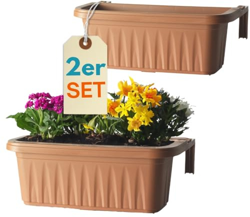 GarPet 2er Set Blumenkasten Balkongeländer Balkon Blumenkasten Balkonkasten mit Halterung Balkonkasten Geländerkasten mit Wasserspeicher 60 cm Terrakotta