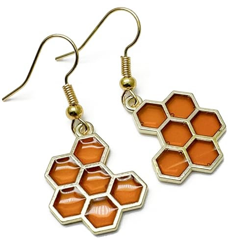 Honeycomb Charm Earrings, Honey Lover Enamel Charm Beads on Nickel Free Gold Tone Hooks : 39mm long, Funny Gift for Women, Bee Lover Jewellery, Drop Earrings