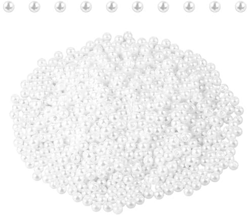 JJUNW 1000 Stück Kunstperlen Weiß, 4 mm Perlen zum Basteln Runde Künstliche Perlen Kleine Perlen zum Aufnähen für Schmuckherstellung Armbänder Halsketten Dekoration Basteln(4mm)