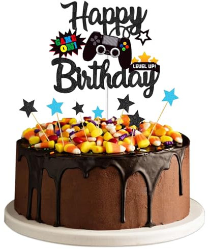 Happy Birthday Cake Topper Glitter Video Game Cake Pick Game On Cake Decoration GamePad Birthday Cake Toppers Cake Decorations for Game Theme Baby Shower Kids Birthday Party Decorations Supplies