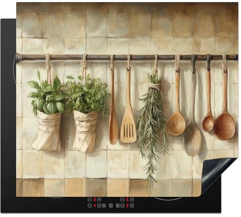KitchenYeah© Protection Plaque Induction 59x52 cm Protege Deco Cuisine Cache Protège De Cuisson Accessoires Bois - Ustensiles de Cuisine - Nature Morte - Carreaux de Faïence