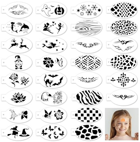 30 Stück Tattoo Schablone,Wiederverwendbare Gesichtsfarbe Schablonen Kit,Schablonen Kinderschminken Gesicht,Schminkschablonen Gesicht Kinder Jung,Tattoo Design Werkzeuge für Gesicht & Körper,für Party