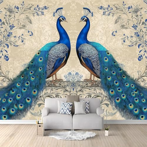 WHUOEUCO Papier Peint Fleur De Paon Bleu 200x140 cm Papier Peint Panoramique Effet 3D, Peinture Murale intissé Grande, pour Moderne Salon Chambre TV Fond
