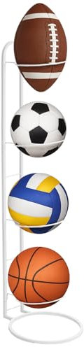 Ball Storage Rack 4Tier Metal Ball Stand 89.5X23cm Ball Lockers Vertical Holder Room Outdoor Sports Equipment Organiser Football Stand for Basketball Football Volleyball etc (4 Tier, White)