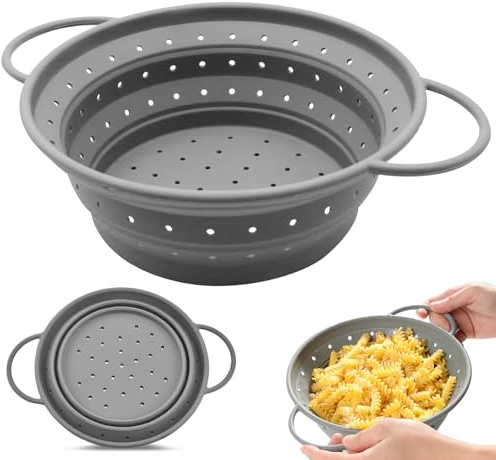 Colino pieghevole per tagliatelle, colino da cucina in silicone con manici, scolapasta per scolare pasta, verdure, frutta e fagioli, medio, grigio