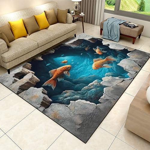 SMXVRC Halluzination Risse im Boden Dekorative Teppiche, 120x180cm, Teich Roter Karpfen Bodenmatte, Unterwassertunnel rutschfest Dauerhaft Maschinenwaschbarer Teppich für Wohndeko Kinder