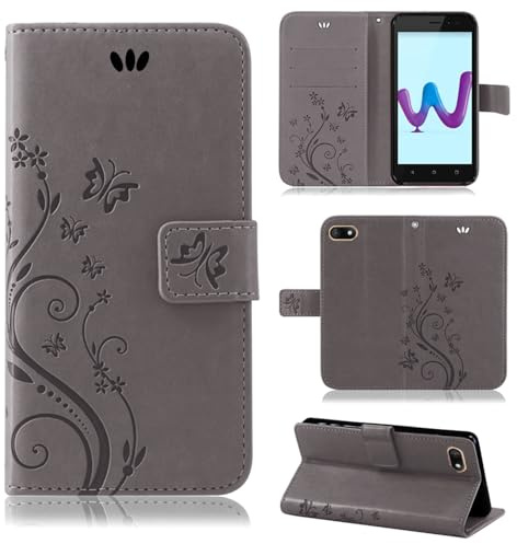 betterfon Hülle Kompatibel mit Wiko Sunny 3 | Premium PU Leder Handyhülle Wallet Case für Sunny 3 | Schutzhülle Blumen Klapphülle Handyhülle | Grau