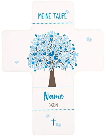 Striefchen® Kreuz zur Taufe mit dem Namen des Kindes und dem Taufdatum bedruckt Lebensbaum Blau