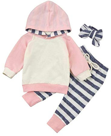EDOTON Baby Mädchen Outfit 2 Stücke Set Gestreifte Blumen Hoodies mit Tasche Top + Lange Hosen Sweatshirt Outfit Kleidung (12-18 Monate, Streifen-Rosa)