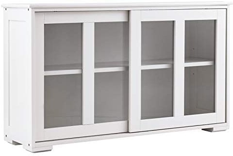 DREAMADE Armadietto da Cucina Laterale Moltiuso, Credenza Salvaspazio 2 Ripiani, con Ante Scorrevoli, in Legno e Vetro Temperato, per Corridoio Soggiorno,106,5x33x62,5 cm (Bianco Crema)