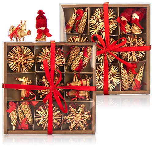 COM-FOUR® 70-teiliges Set Christbaum-Schmuck - Weihnachtsbaum-Behang aus Stroh - Zapfen, Wichtel, Figuren und Strohsterne - Weihnachtsdekoration