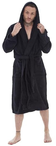 Keanu Herren-Bademantel aus 100 % Baumwolle, luxuriöser Frottee-Bademantel, Hausmantelgürtel, Größen S/M, L/XL, Mit Kapuze: Schwarz, M-L