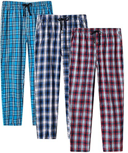 MoFiz Homme Bas de Pyjama Coton Pantalons Longs de Salon à Carreaux Léger Vêtements de Nuit avec Poches 3 Pack-C M