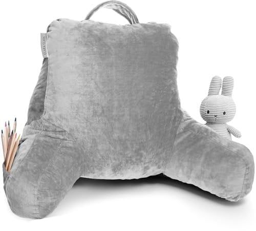 Clara Clark Reading Pillow for Kids, Small Back Pillow for Sitting Up in Bed, Memory Foam Back Support Pillow, Reading Pillows for Sitting in Bed, Light Grey Gaming Cushion with Arms and Pockets