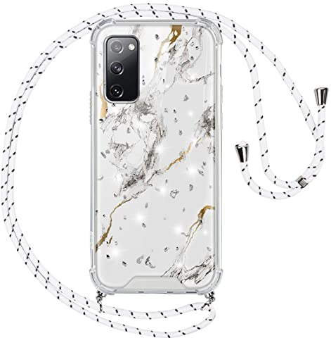 Vauki Hülle Marmor für Samsung Galaxy S20 FE 5G, mit Band Muster Glitzer Handyhülle mit Motiv Transparent Silikon Kordel Handykette zum Schutzhülle Schnur Case für Samsung S20 FE 5G 6,5,Weiß