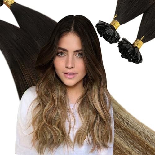 Ugeat U Tip Hair Extensions Real Human Hair 20Inch Nail Tip Fusion Hair Extensions Lightweight Pre Bonded Human Hair for Women 50G/50S Dark Brown to Medium Brown and Blonde #4/6/613