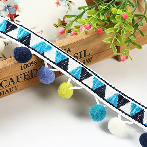HAOBIN Pompon Borte Bommelborte Pom Pom Trim 4.5 Meter Fransenband Fransen Trim Quasten Zierborrte Spitzenband Borte Trim Ball Band BastelzubehöR Zum NäHen Von Kleidern,Schals,HüTen,VorhäNgen (blau)