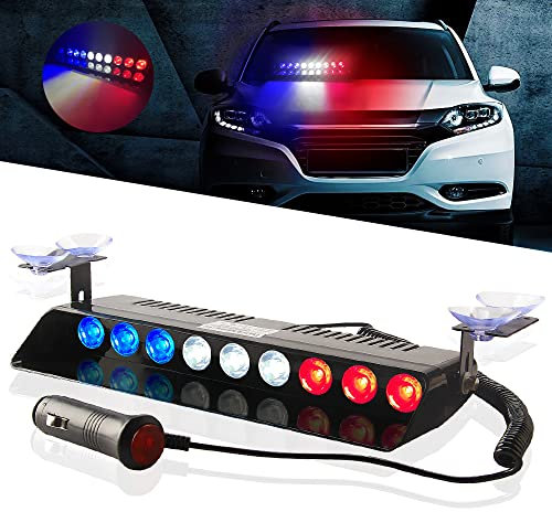 Barre Lumineuse d'avertissement à LED, Perles Lumineuses Super Lumineuses 12 V 9 W avec Ventouse Flash d'avertissement d'urgence pour Les Pare-Brise intérieurs Avant et arrière (Rouge/Blanc/Bleu)