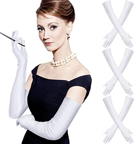 4 Pairs Long Elbow Satin Gloves, Long Satin Finger Gloves 1920s Opera Gloves Evening Dancing Party Glove (White)
