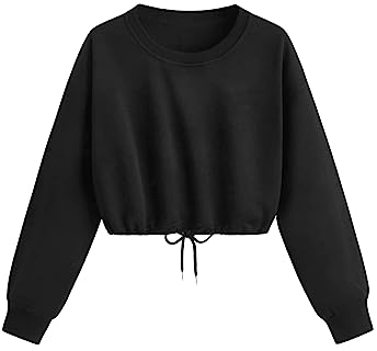 GORGLITTER Damen Crop Pulli Bauchfrei Sweatshirt Langarm Kurz Oberteile Langarmshirt Cropped Pullover mit Schnürzug Schwarz M