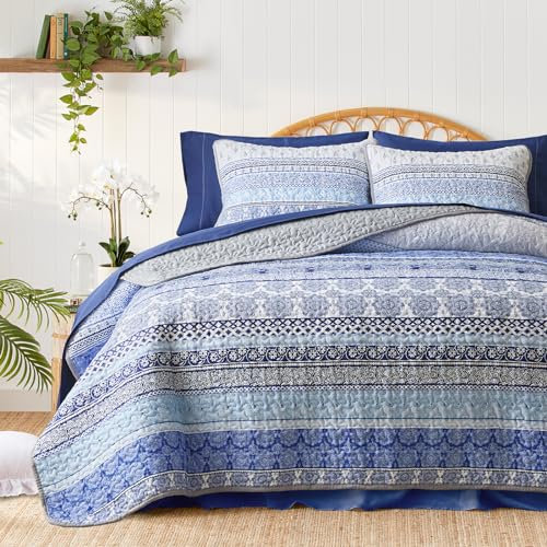 3-teiliges buntes Bohemian-Steppdecken-Set, volle Queen-Size-Größe, blau und grau, Boho-gestreift, bedruckte Bettwäsche, Tagesdecke, Deckenset für Sommer, weiche, leichte Mikrofaser-Steppdecke mit 2