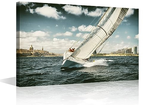 Vintage Leinwand Wandkunst für Wohnzimmer Wohnkultur Segelboot Segeln auf See Poster Drucke auf Leinwand Yacht Ozean Landschaft Wanddekorationen für Schlafzimmer Badezimmer Büro gerahmt fertig zum