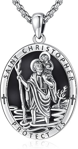Eusense Saint Christopher Halskette 925 Silber mit schwarzem Obsidian St Christopher Anhänger Saint Christopher Anhänger Kette Schmuck religiöses Amulett für Männer Frauen