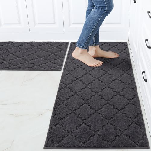 COSY HOMEER Küchenteppich 2 Stück, Teppich Küche Waschbar rutschfest, Küchenläufer, Teppichläufer Flur, Teppich Läufer für Küche, Flur, Wohnraum (60 x 90 cm + 60 x 150 cm, Dunkelgrau)