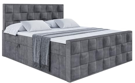 ALTDECOR Boxspringbett mit Matratze und Lattenrost, Boxbett, Fußteil, Topper, Polsterbett mit Bettkasten, Bett mit Stauraum H3-Matratze, Doppelbett, Springboxbett -Zafira - 200x200 - Dunkelgrau Samt