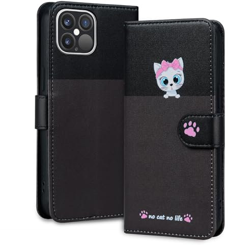 Tiyoo Lovely & Cute Flip Wallet Phone Case for iphone 12 pro max with Cartoon Cat&Dog Pattern,Premium Magnetic PU+TPU Leather for high protection phone cover for iphone12pro max(Dark Gray&Black)