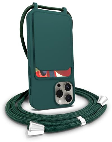 FOQENCCI for iPhone 15 Pro Max Crossbody Phone Case,iPhone 15 Pro Max Case with Card Holder,Liquid Silicone Slim Fit Anti-Scratch Shockproof Phone Cover with Adjustable Neck Strap Dark-Green 6.7 inch