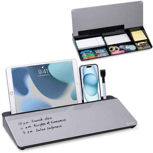 Varhomax Glas-Schreibtisch-Whiteboard mit Aufbewahrung, Schreibtisch-Organizer, To-Do-Liste, Notizblock, trocken abwischbar, Whiteboard für Zuhause, Büro und Schulbedarf (Schwarz und Grau)