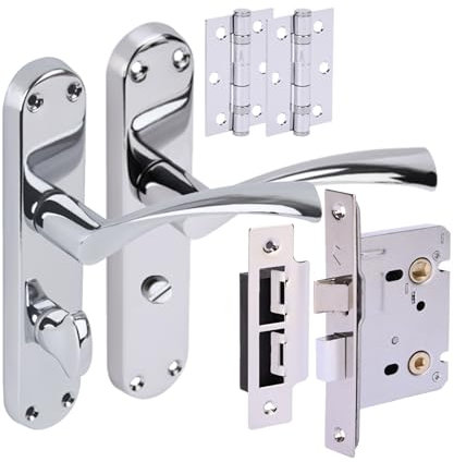 Hunta HANDLEZONE® Lobo Door Handles on Backplate Bathroom Lock Pack with Ball Bearing Hinges - Polished Chrome