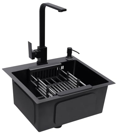AOOUNGM Spülbecken Edelstahl 45x40 cm Einbauspüle, Spüle mit Armatur Set, Küchenspüle Schwarz für kleine Küchen, Küche Waschbecken