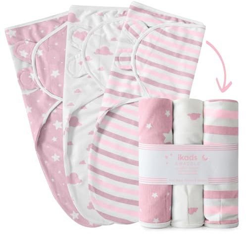 ikads Baby Wickeldecke 0-3 Monate - 100% atmungsaktiver Bio-Baumwollstoff - Baby Swaddle Wrap für Neugeborene - 3 Stück Baby Pucktücher für Neugeborene mit Haken & Schlaufe (Rosa)