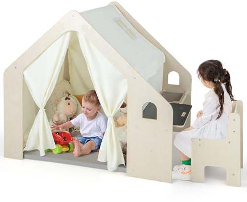 COSTWAY 6 in 1 Tenda per Bambini in Legno, Tenda Casetta da Gioco con Tavolo e Sedia, con Tappetino Lavagna e 6 Scatole Portaghiochi, Capanna per Bambini (Grigio 98 x 131 x 113 cm)