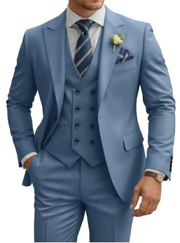 TIJOFA 3 Piece Mens Suit Slim Fit Dusty Blue Double Breasted Suit Men 3 Piece Wedding Classic Dusty Blue Tuxedo One Button Formal Prom Party Dinner Jackets Vest Pants Sets XL