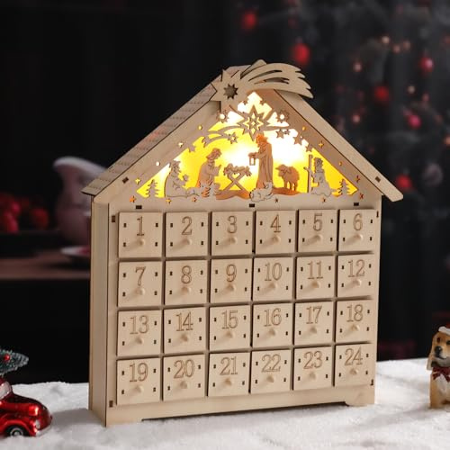 Vigdur Holz Weihnachten Adventskalender, Weihnachtskrippe Adventskalender Haus Box mit 24 Schubladen und warmen LEDs Countdown Kalender für Weihnachtsdekoration 2024