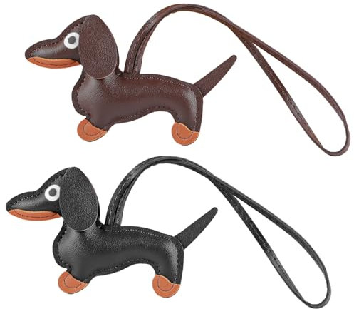 Lot de 2 porte-clés teckel, pendentif de sac de chien en cuir, porte-bonheur, porte-clés chien, porte-clés animal en cuir, décoration teckel, cadeau pour femmes et hommes, Marron/noir, 11,8 * 8 cm