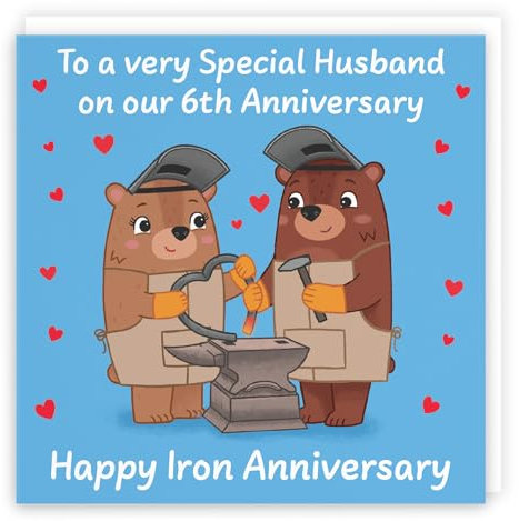 Hunts England - Husband 6th Anniversary Card - Iron Anniversary - Sixth Anniversary - 6 Years - Cute Fun Bears Card - Love Story Collection