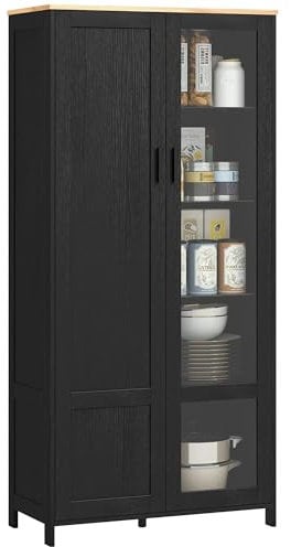 HOMCOM Armoire Cuisine, Buffet de Cuisine, vaisselier, Meuble vitrine à 2 Portes Dont Une Porte vitrée - Meuble de Rangement avec étagères réglables et 9 Compartiments, 76 x 36 x 160 cm - Noir