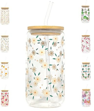 Glas Becher mit Deckel und Strohhalm, 500ml (16oz), Trinkglas mit Bambusdeckel, Eiskaffeglas, Geschenk (Daisy)