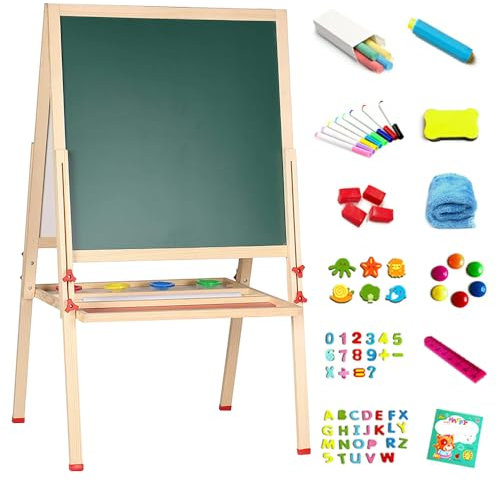 Tableau Enfant Double Face avec Noir Magnétique, Chevalet Pour Enfant,Chevalet Peinture pour Enfants 3 en 1 - Set 30+ Accessoires, Tableau Blanc Magnetique Enfant Sur Pied en Bois 3-4 4-8 9-12 ans