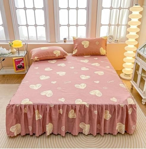 AMDXD Housse de protection pour lit à sommier tapissier et surmatelas - 150 x 200 cm - Motif cœur - Cantonnière imprimée - En polyester - Rose