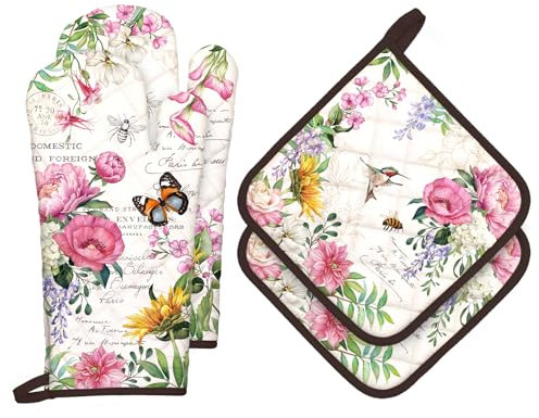 Arquiel Ofenhandschuh und Topflappen Blumen Schmetterlinge 4er Set, 100% Baumwolle Kochhandschuhe, Hitzebeständiger Küchenhandschuh Zum Kochen Backen Grillen Geschenk