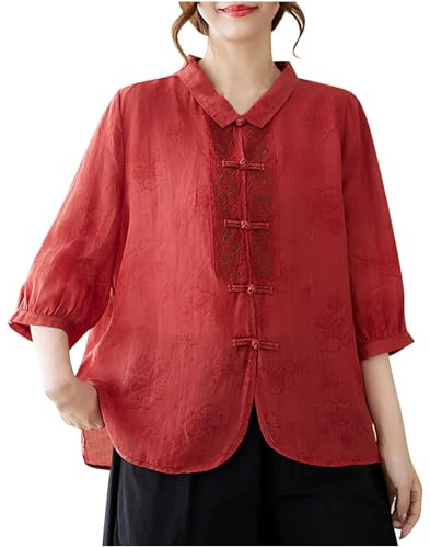 Chemise Coton Lin pour Femmes Chinois Traditionnel Costume Folklore Vintage Broderie Top Hauts Lâche Respirant T-Shirts Pas Cher Tunique Blouse Mode Tops Haut Femme Chic et Elegant Vêtements Casual