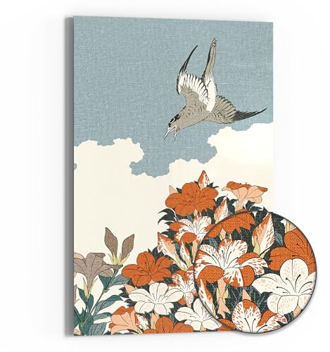 DEQOART Leinwandbild Hybrid | Motiv Azaleen und Kuckuck | Design Canvas 60x90 cm | Leinwand Bild flach & modern mit Glas | Wandbild für Wohnzimmer, Schlafzimmer, Flur & Küche